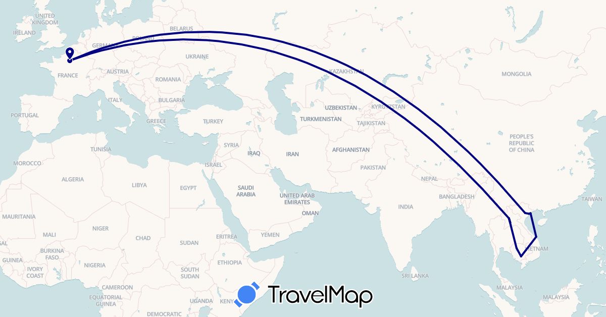 TravelMap itinerary: driving in France, Cambodia, Laos, Vietnam (Asia, Europe)